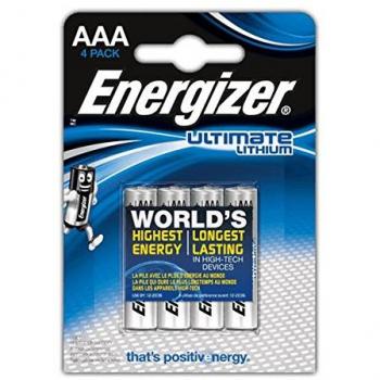 Energizer - Ultimate Lithium, Pack de 4 pilas AAA, litio de larga duración para dispositivos de alto consumo, más ligera y 20 años vida útil