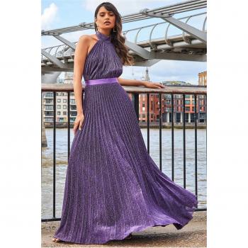 Goddiva Lurex Halterneck Pleated Maxi Dress - Purple, Features: Lurex fabric, halterneck design, pleated detailing, maxi length