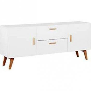 Cómoda blanca moderna escandinava Beliani con 2 cajones y 2 armarios, patas de madera de roble