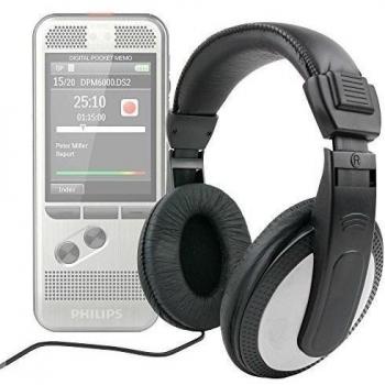 DURAGADGET Auriculares De Diadema Compatible con Grabadora De Voz Philips DPM6000 / DVT 5500/1000 / 7000 Voice Tracer Digital Recorder / 1100/1200 / 1400/1700 / 2500/3400 / 3600 - Negro Y Gris