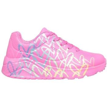 Zapatillas Skechers JGoldcrown UNO Lite Metallic Joy para niña en rosa fluo, talla 34, lavables a máquina