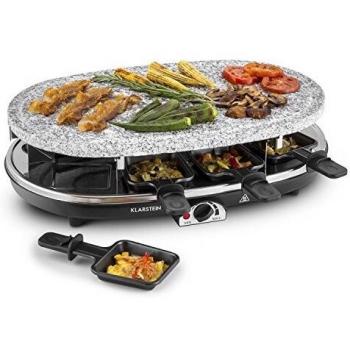 Klarstein Steaklette - Raclette Grill, Parrilla de mesa, Barbacoa-Party, 1500W, regulador de temperatura, Plancha raclette granito natural, 8 sartenes, Antiadherente, Crepera y para tortitas, Negro
