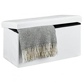 Baúl Plegable de Almacenamiento Relaxdays, Puff con Asiento y Tapa Extraíble, Lino Blanco, 38x76x38 cm