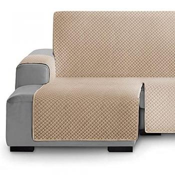 Vipalia - Funda Cubre sofá chaise longue acolchado brazo corto o largo, protector antimanchas ajustable, modelo círculos, color beige, diseñado para sofás chaise longue izquierdo de 240 cm