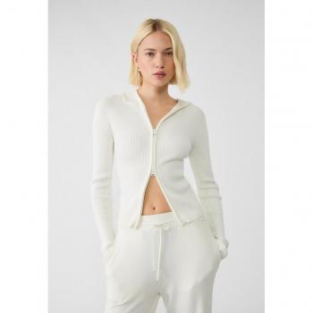 Ecru Zip-Up Hooded Knit Cardigan Size S