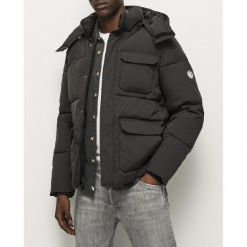 Men's Black Hooded Puffer Jacket with Removable Hood and Fleece Lining