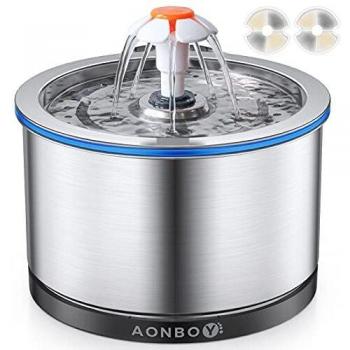 Fuente para Gatos, AONBOY 2,5L Bebedero Gatos de Acero Inoxidable, Iluminación Nocturna, Bomba Muy Silenciosa,Dispensador Automático de Agua para Mascotas con 2 Filtros de Carbón Activado