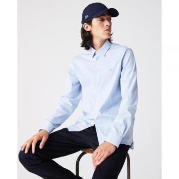 Lacoste Men's Slim Fit Elastic Poplin Long Sleeve Striped Shirt in Clear Blue - Size 2XL