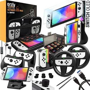 Orzly Paquete de Accesorios Compatible con Nintendo Switch - OLED Geek Pack: Estuche y Protector de Pantalla, empuñaduras Joycon, Ruedas de Carreras, Base de Carga, Estuche Comfort Grip - JetBlack