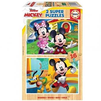 Educa - 2x16 Mickey & Minnie, 2 Puzzles de Madera ecológica Resistente con 16 Piezas Cada uno, diversión