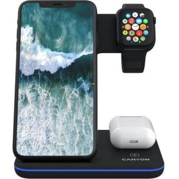 Canyon WS-303 Estación de Carga Inalámbrica Qi 3 en 1, USB Tipo-C, 15W/5W, Negro