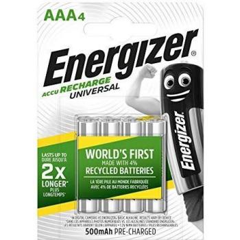 Energizer - Recargables, Pack de 4 pilas AA 500 mAh, precargada, para dispositivos uso frecuente y cientos de recargas, Color Plata