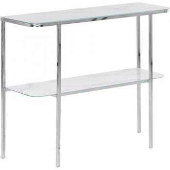 Consola de vidrio templado blanco dorado 100 x 35 cm efecto mármol glamour moderno sala de estar dormitorio Calvert