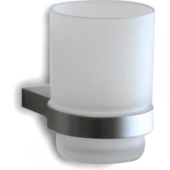 TATAY 6061100 - Colección Ice, Vaso portacepillos de dientes con soporte de pared de alumio y vidrio matizado, 10.4 x 6.8 x 9.5 cm