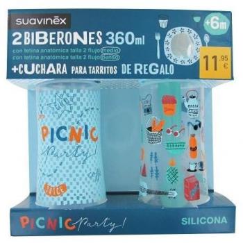 Suavinex Pack Dúo Biberones 360ml con Tetina de Silicona de 3 Posiciones y Cuchara para Papilla