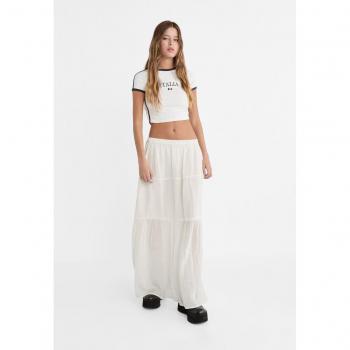 Stradivarius White Long Flowing Skirt with Elasticated Waistband Size M