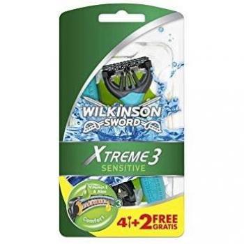 Wilkinson Sword Xtreme 3 Sensitive - Maquinillas de Afeitar Desechables con 3 Hojas Flexibles y Banda Lubricante de Aloe Vera y Vitamina E , Pack Promocional 4 + 2 Unidades