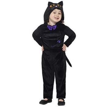 Smiffys-21497T2 Disfraz de Gato para bebés, con Mono con Capucha y Ojos en 3D, Color Negro, Pequeño-Edad 3-4 años