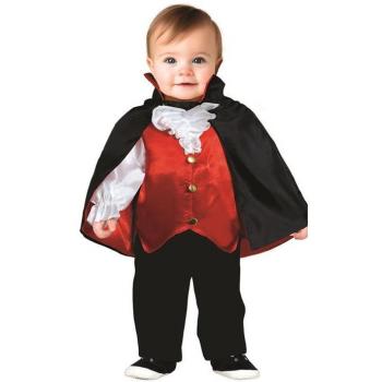 Disfraz de Vampiro Elegante para bebé, incluye capa negra con forro rojo, chaleco con detalles plateados, pantalones a juego y gorra con cuernos