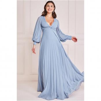 Goddiva Fully Pleated Chiffon Maxi Dress - Blue