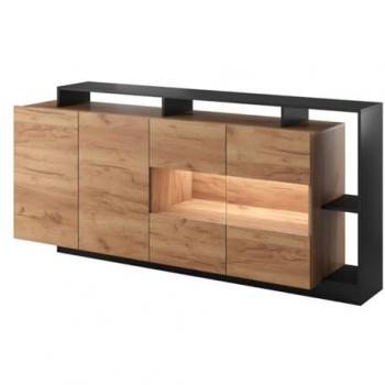 Aparador de 4 puertas y 4 compartimentos con LEDs - Natural claro y Antracita - IDESIA