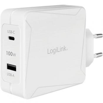 LogiLink PA0281 Cargador USB-A/USB-C 100W para Teléfono Móvil y Tableta, Color Blanco, Corriente Alterna, Carga Rápida