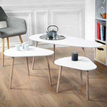 Set de 3 mesas nido blanco y madera Calicosy