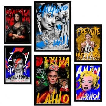 Set de 6 Pósters Iconic Grafiti Pop Frida, Dali, Mercury, Bowie, Marilyn para Decorar Paredes - A3 y A4 Sin Marco