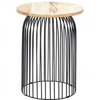 Mesa Auxiliar Decorativa Pequeña de Madera de Mango Claro y Negro con Acabado en Aluminio - Diámetro 36 cm