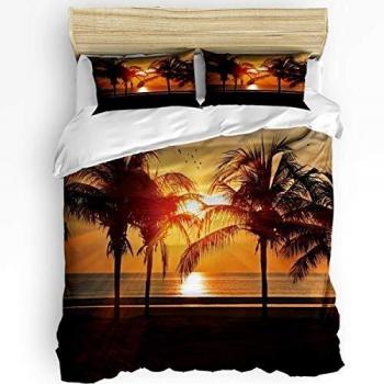 Juego de funda de edredón moderno súper suave de 3 piezas con cierre de cremallera y lazos de esquina, juego de ropa de cama con 1 funda nórdica y 2 fundas de almohada, árbol de coco y gaviota en la p