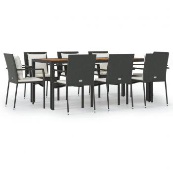 9-Piece Black Poly Rattan Garden Dining Set with Cushions