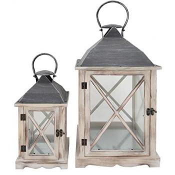 Set de 2 Farolillos Portavelas Vintage Metal Madera Vidrio Claro 52x28x28 cm