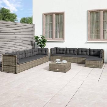9-Piece Grey Poly Rattan Garden Lounge Set with Cushions