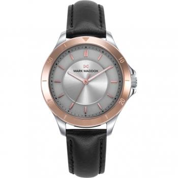 Reloj de mujer Mark Maddox Marais con caja bicolor de acero e IP rosa y correa de piel negra