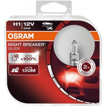 Osram Night Breaker Silver H1 55W P14.5S 12V Halogen Headlight Bulbs Duo Box (Up to +100% More Light)