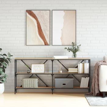 Mesa consola de hierro y madera ingeniería 160x30x75 cm en color negro, roble Sonoma y roble ahumado - mesa de sofá, mesa de entrada para salón, mueble recibidor, mesita auxiliar