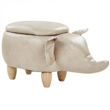 Taburete Infantil Elefante con Almacenaje Piel Sintética Gris Pardo y Patas de Madera