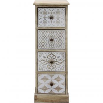 Cómoda Estrecha Mobili Rebecca Blanco Beige Shabby 80.5x29x25 con 4 cajones de madera y decoración mayólica marrón y blanca