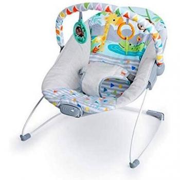 Bright Starts, Hamaca Mecedora para Bebé - Safari Fun, vibraciones relajantes, arco de juego con 3 juguetes, asiento lavable a máquina, arnés de 3 puntos, desde recién nacidos hasta los 9 kg