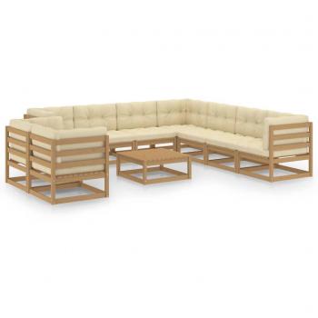 Set de muebles de jardín 10 piezas con cojines en madera de pino color marrón miel