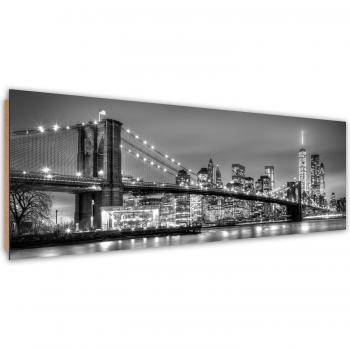 Feeby Frames, Cuadro de pared, Cuadro decorativo, Cuadro impreso, Cuadro Deco Panel, Panorámico 69x158 cm, BLANCO, NUEVA YORK CIUDAD, CIUDAD, AGUA, EDIFICIOS, RASCACIELOS, ARQUITECTURA, VISTA, NEGRO Y EL PUENTE DE BROOKLYN
