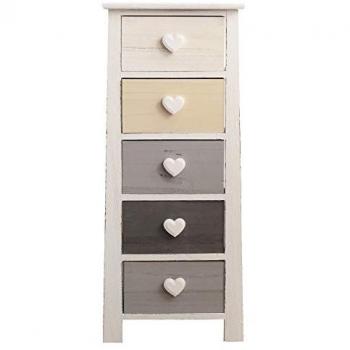 Cómoda Shabby Chic Rebecca con 5 Cajones de Madera Multicolor (Blanco, Gris y Beige) - 89x37x27 cm