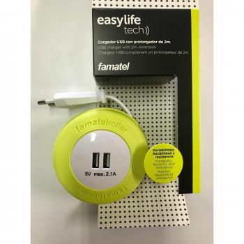 Famatel Roller | Enrollable con 2 USB | 2 Metros | con Material de Silicona | con una Alta flexibilidad y Resistencia | Amarillo, Verde, 9x9x4cm