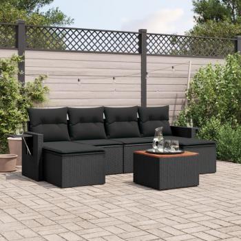 Set de comedor de jardín 7 pzas con cojines de ratán sintético negro