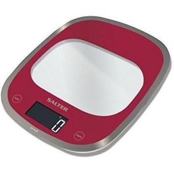 Salter Curve Glass - Báscula de cocina digital, sistema Aquatronic, 5 kg, color rojo