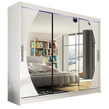 Armario Atlanta 130 Blanco con Espejo y LED, Correderas, 250 x 215 x 58 cm, 9 Estantes