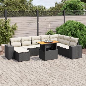 9-Piece Black Poly Rattan Garden Sofa Set with Cushions