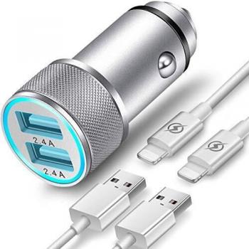 Cargador de Coche TIKALONG con 2 Cables Lightning, Enchufe USB de 2 Puertos para Mechero con LED, Adaptador de Móvil Teléfono de Metal 2,4A, Apto para iPhone 12/11/Pro Max/mini/SE/XS/XR/X/8/7/6 etc.