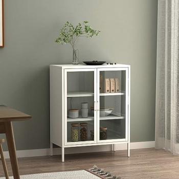 Aparador Fauske de Acero y Cristal Templado con 2 Puertas - Blanco y Transparente, 102 x 80 x 40 cm