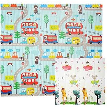 CCLIFE Alfombra de Juegos Reversible Colchoneta Infantil Plegable.Alfombra de Juegos de XPE, Colchoneta de Juegos Plegable, Alfombra de Doble Cara, Impermeable, No tóxico, Color:Coche con Jirafa